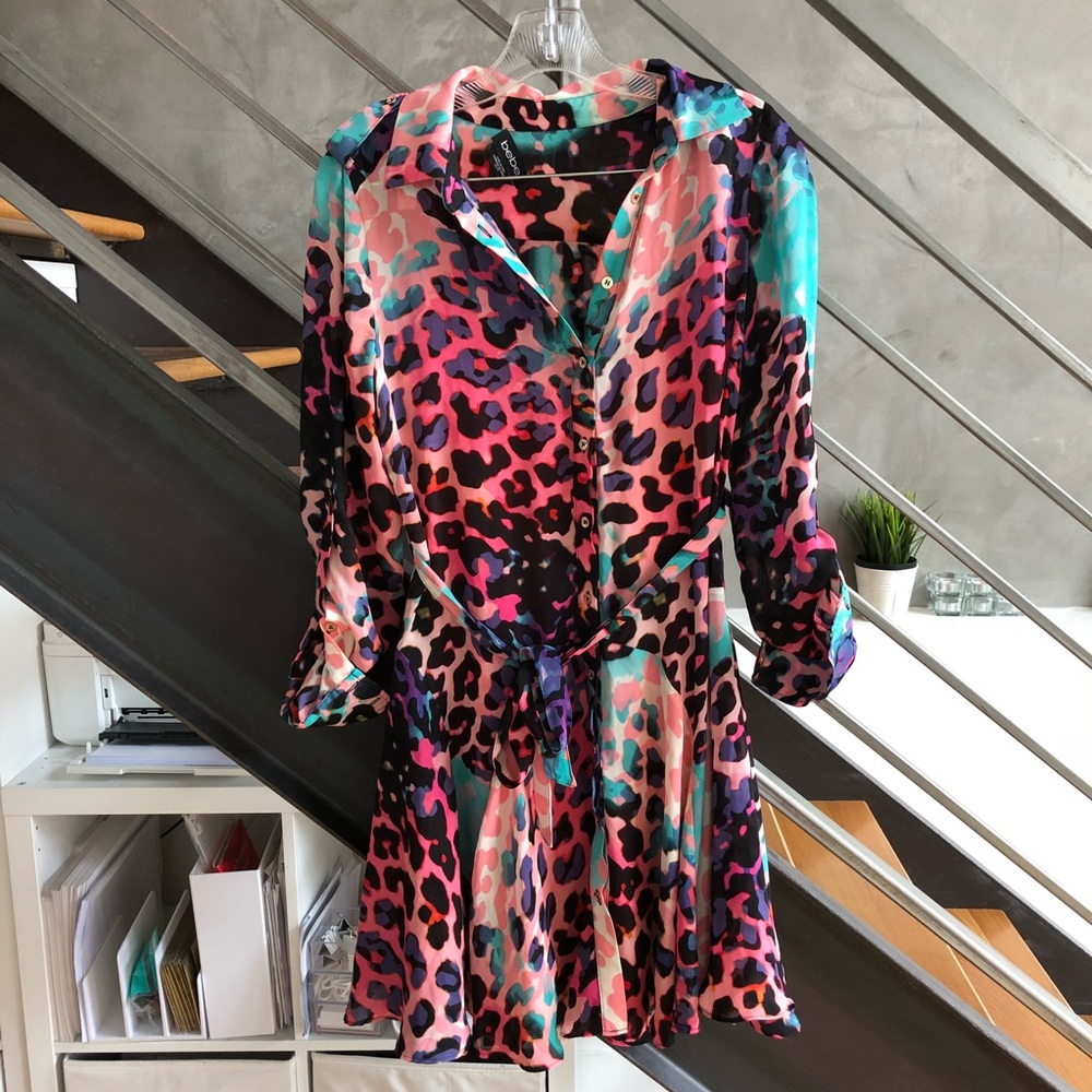 Bebe Rainbow Leopard Shirt Dress XS